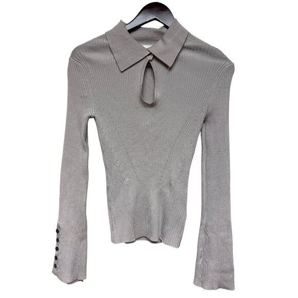 Jason Wu Women's Top Knit Collared Ribbed V-Neck Keyhole Bell Sleeve Small - Picture 1 of 10